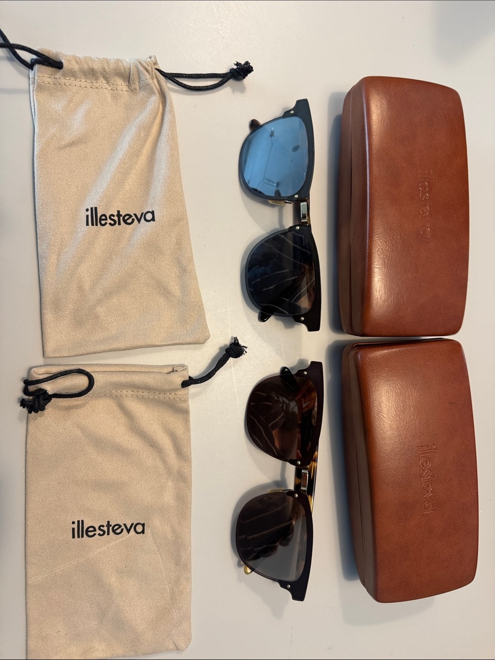 Illesteva Men’s Sunglasses Duo with Brown Leather Cases - Black/Blue/Brown